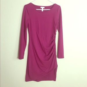 Long sleeve magenta dress.